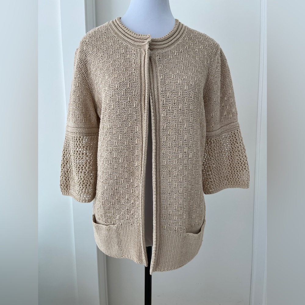 RODIER Knit Half Sleeve Open Front Cardigan Beige Gold Metallic Coastal Chic